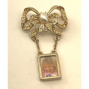 Vintage Bow Rhinestone Brooch Faux Pearl Cabochon Stone Pic Frame B#7